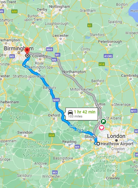 Birmingham - Heathrow taxi route