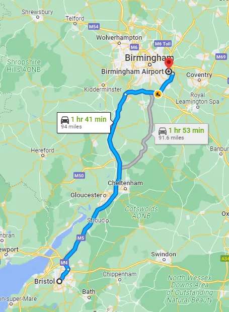 Bristol - Birmingham taxi route