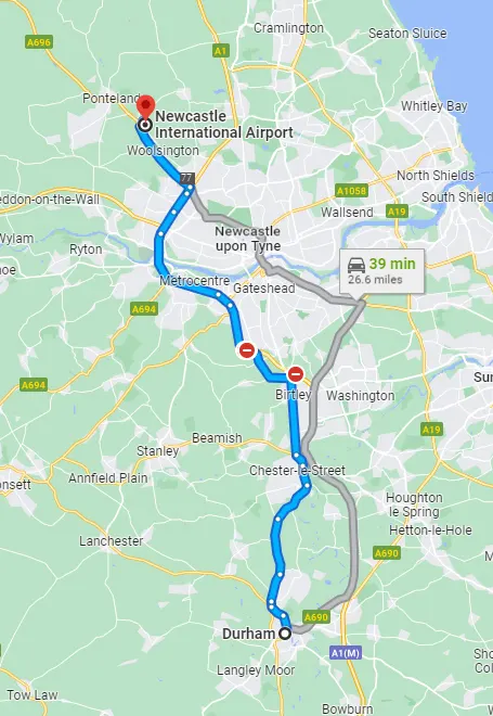 Durham - Newcastle taxi route