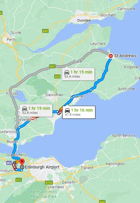 Edinburgh - St Andrews taxi route