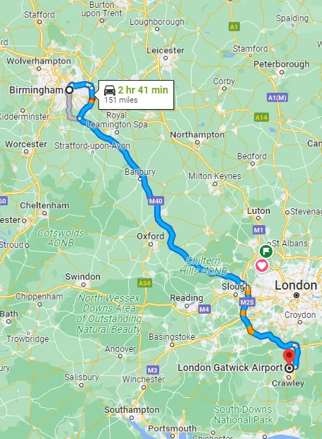 Gatwick - Birmingham taxi route