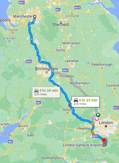 Gatwick - Manchester taxi routes