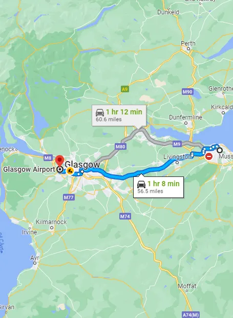 Glasgow - Edinburgh taxi route