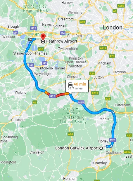 Heathrow - Gatwick airport taxi route