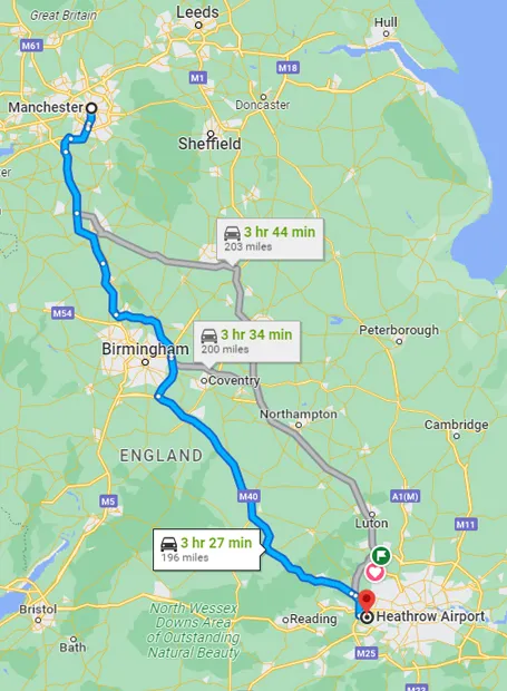 Heathrow - Manchester airport taxi route
