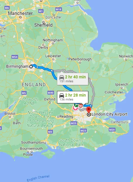 London - Birmingham taxi route