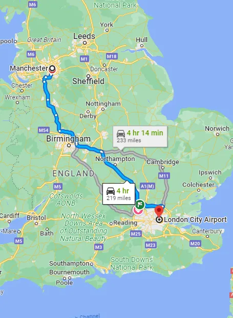 London - Manchester taxi route
