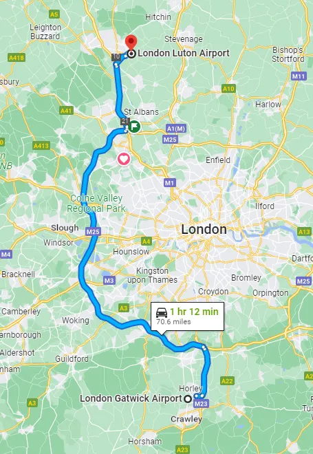 Luton - Gatwick taxi route