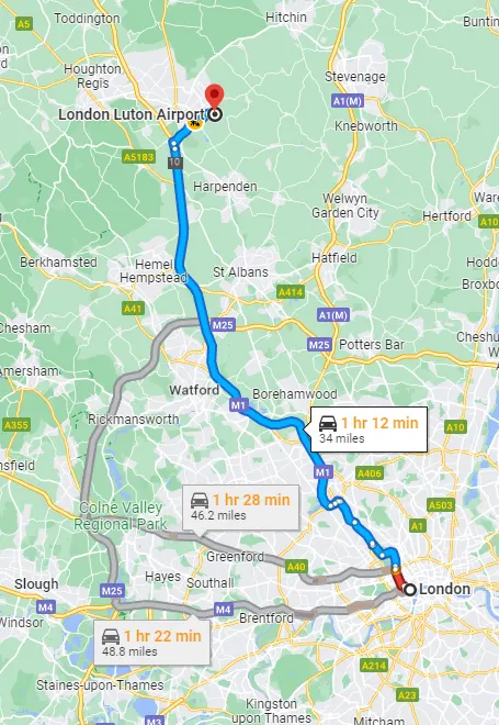 Luton - London taxi route
