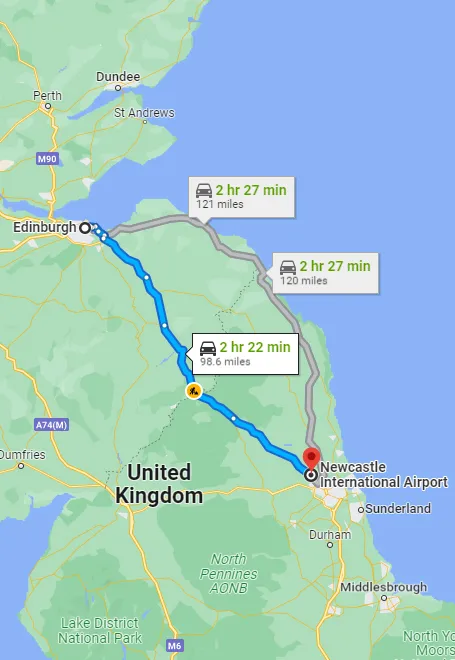 Newcastle - Edinburgh taxi route