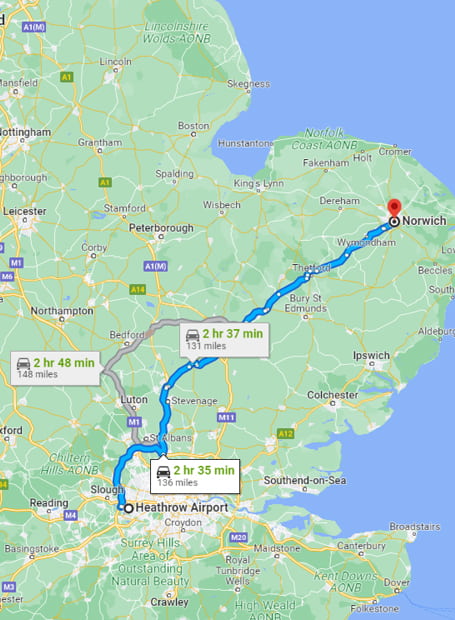 Norwich – Heathrow airport taxi route